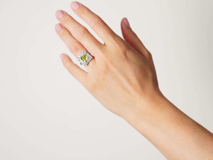 Platinum, Peridot & Diamond Square Shaped Ring