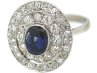 Art Deco Platinum Two Row Diamond & Sapphire Cluster Ring