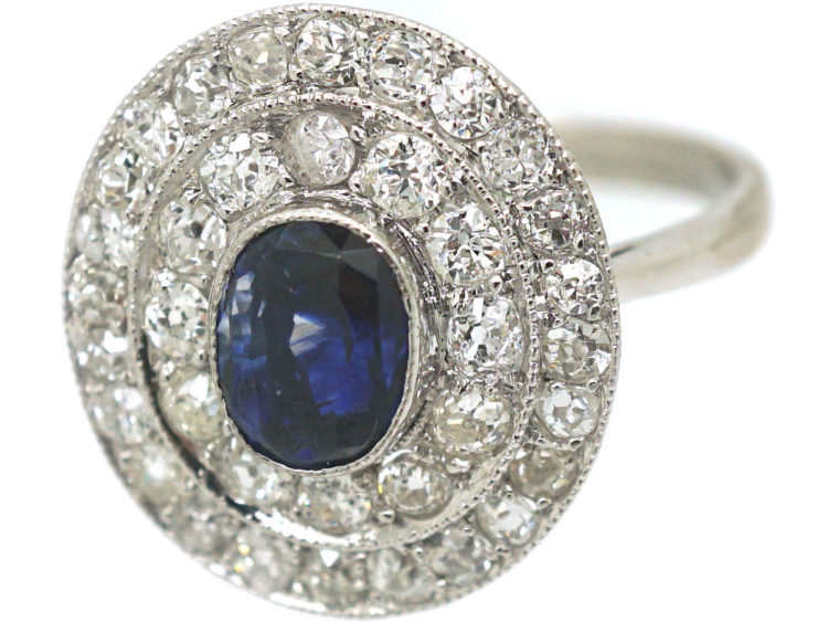 Art Deco Platinum Two Row Diamond & Sapphire Cluster Ring
