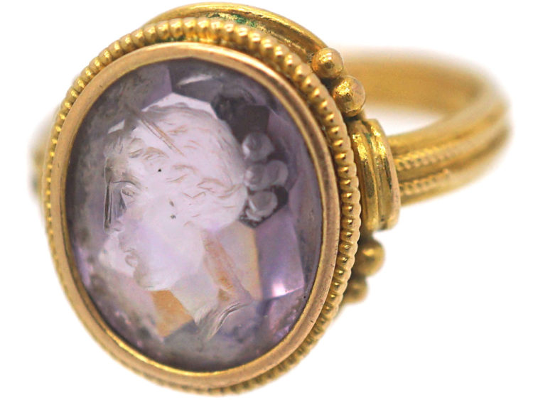 Victorian 18ct Gold & Amethyst Intaglio Ring of a Grecian Lady's Head