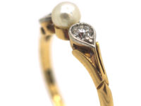 Edwardian 18ct Gold & Platinum, Natural Pearl and Diamond Three Stone Ring