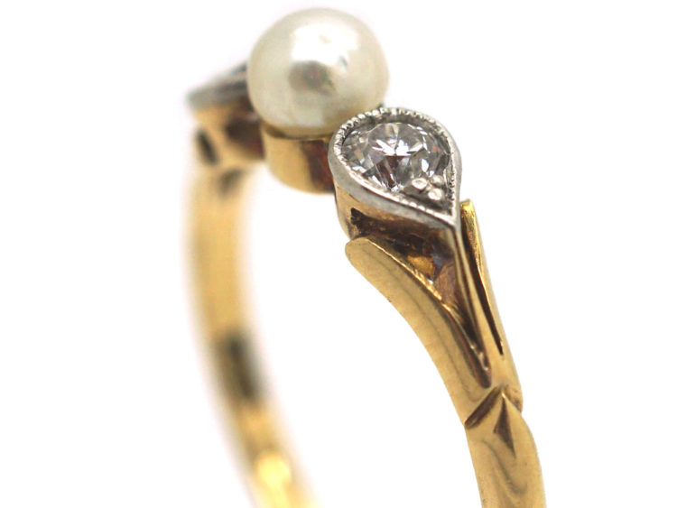 Edwardian 18ct Gold & Platinum, Natural Pearl and Diamond Three Stone Ring