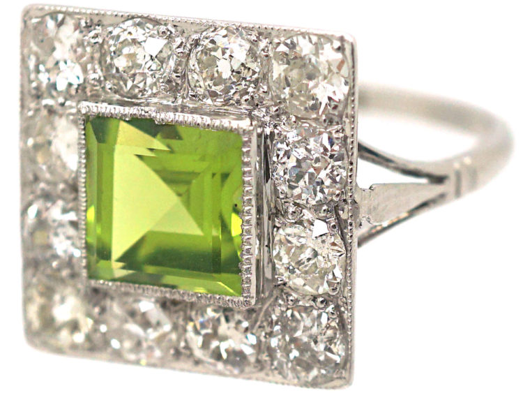 Platinum, Peridot & Diamond Square Shaped Ring