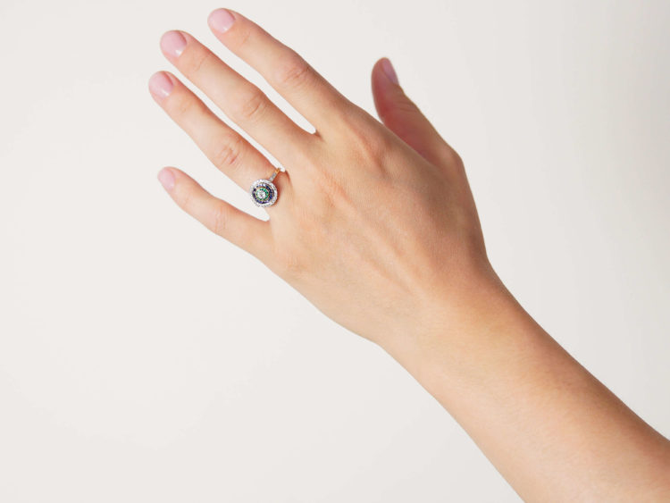 Art Deco 18ct Gold & Platinum, Diamond Emerald & Sapphire Target Ring