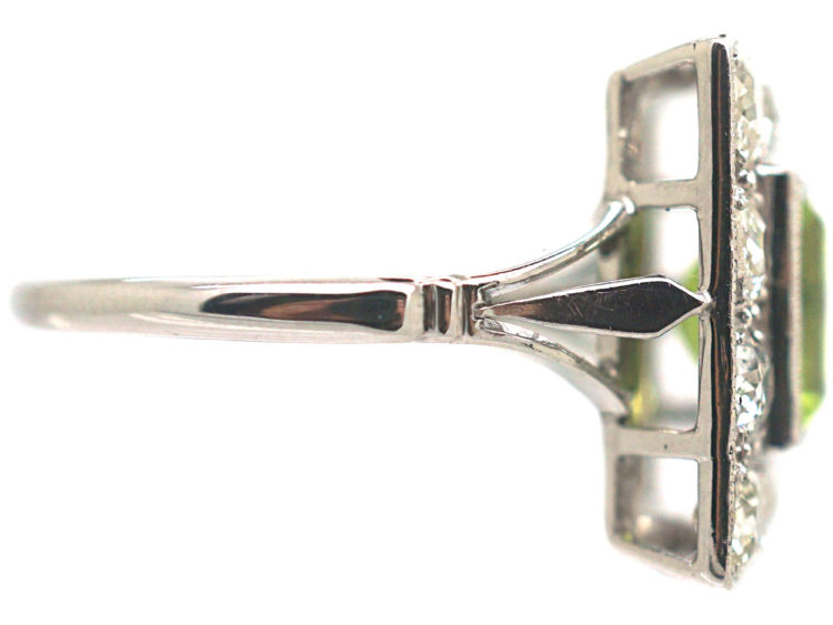 Platinum, Peridot & Diamond Square Shaped Ring