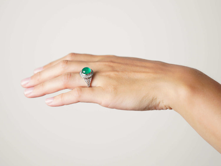 Art Deco Platinum, Cabochon Emerald & Diamond Ring