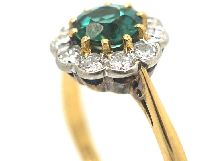 Edwardian 18ct Gold & Platinum, Green Tourmaline & Diamond Cluster Ring