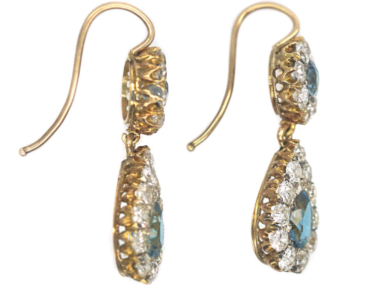 Edwardian 18ct Gold, Aquamarine & Diamond pear Shaped Drop Earrings