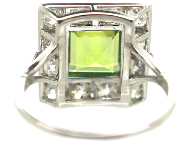 Platinum, Peridot & Diamond Square Shaped Ring