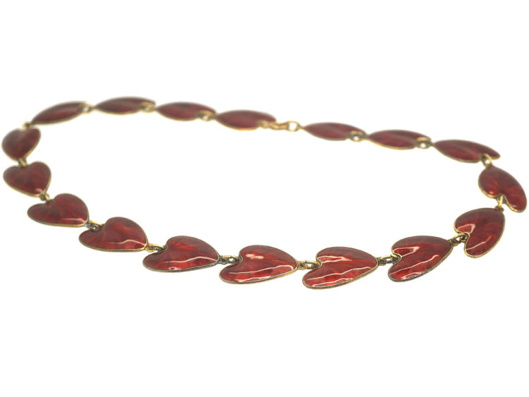 Silver & Red Enamel Lily Pad Necklace by Finn Jensen
