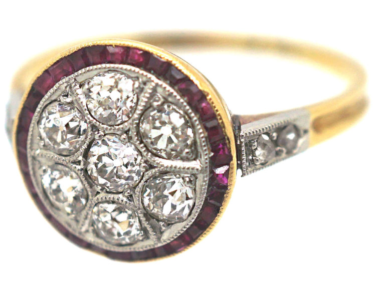 Art Deco 18ct Gold & Platinum, Diamond & Ruby Target Ring