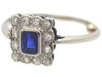 Art Deco 18ct White Gold & Platinum, Sapphire & Diamond Rectangular Shaped Ring