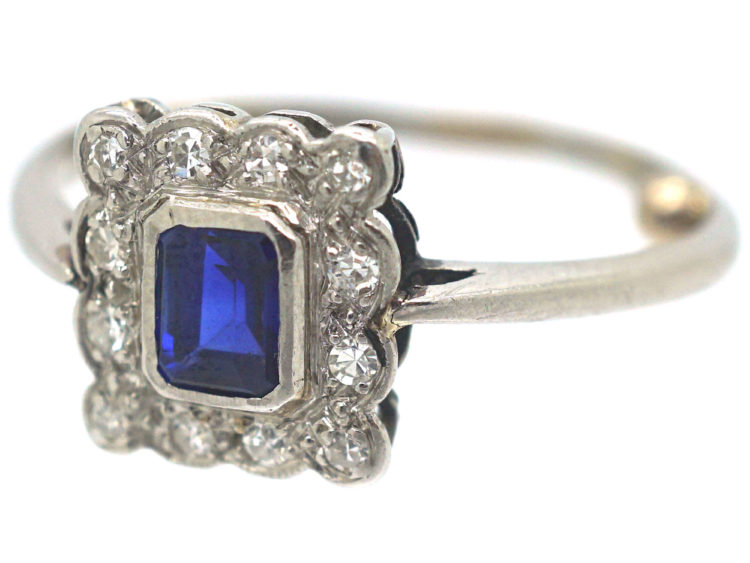 Art Deco 18ct White Gold & Platinum, Sapphire & Diamond Rectangular Shaped Ring