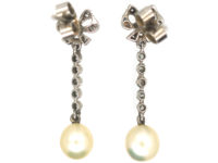 Edwardian Platinum, Diamond & Pearl Bow Drop Earrings