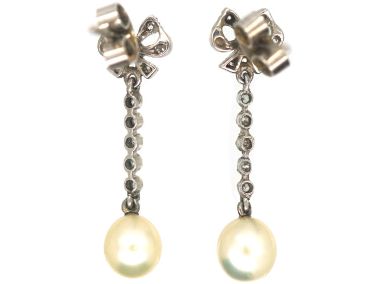 Edwardian Platinum, Diamond & Pearl Bow Drop Earrings