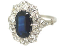 Art Deco Platinum, Sapphire & Diamond Oval Cluster Ring with Split Shoulders