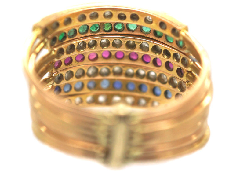 18ct Gold Seven Row Harem Ring set with Sapphires, Rubies, Emeralds & Rose Diamonds