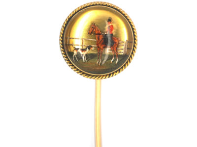 Victorian 18ct Gold & Reverse Intaglio Crystal Tie Pin of a Hunting Lady Mounted on a Horse with Hound