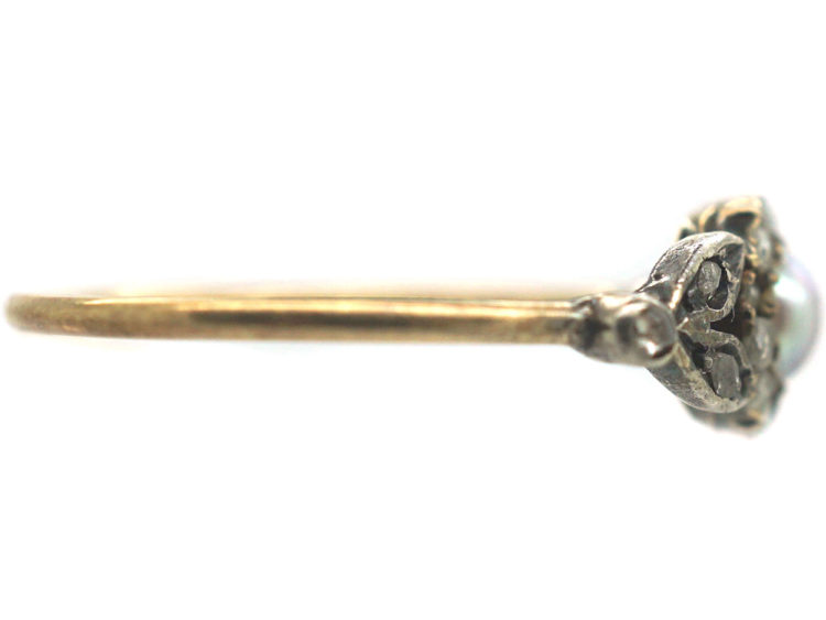 Edwardian 14ct Gold Rose Diamond & Natural Bouton Pearl Cluster Ring with Rose Diamond set Leaf Shoulders