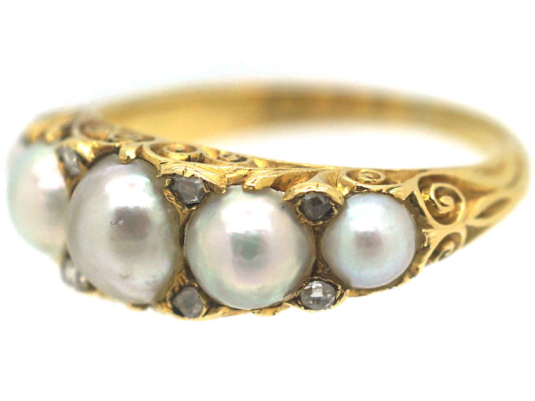Victorian 18ct Gold, Natural Pearl & Rose Diamond Carved Half Hoop Ring
