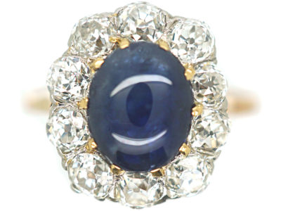 Edwardian 18ct Gold, Cabochon Sapphire & Diamond Ring