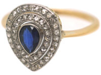 Edwardian 18ct Gold & Platinum, Pear Shaped Sapphire & Rose Diamond Cluster Ring