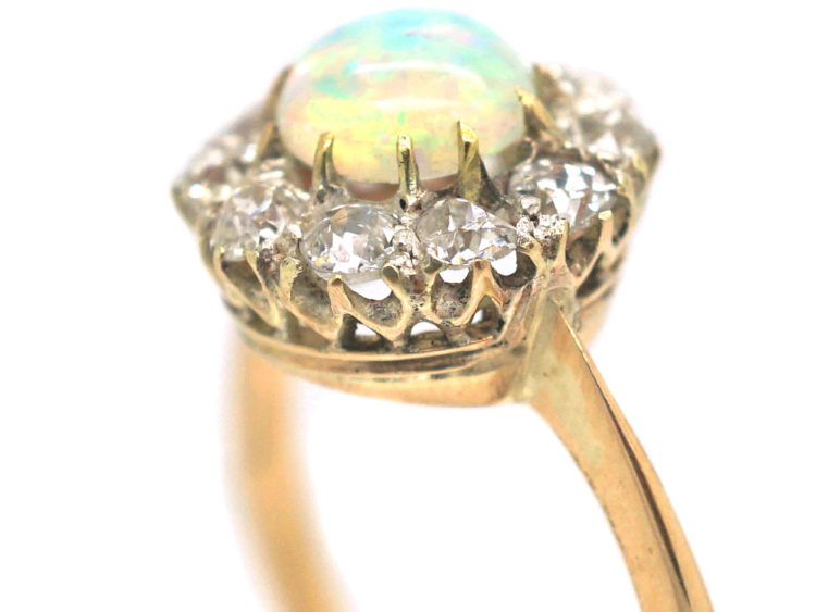 Edwardian 18ct Gold, Opal & Diamond Cluster Ring