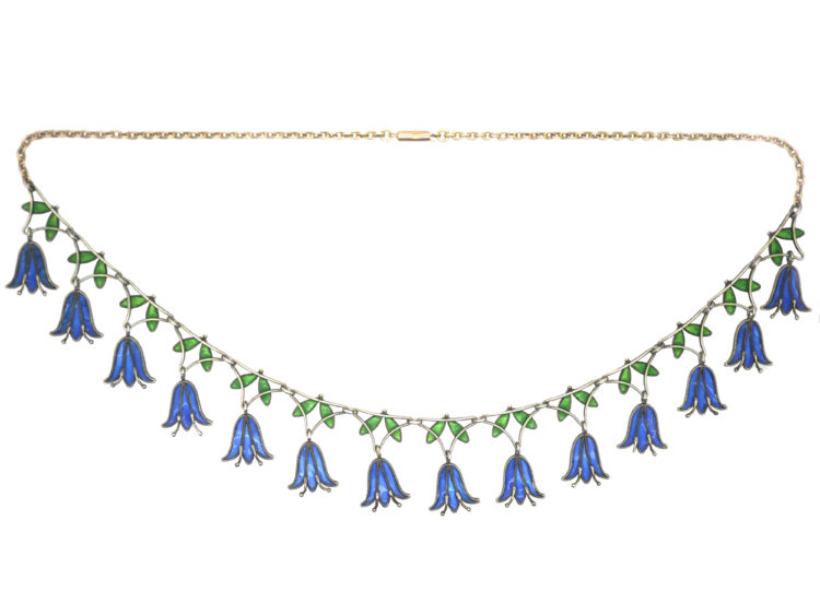 Edwardian 9ct Gold & Silver Plique-à-jour Hair Bell Necklace
