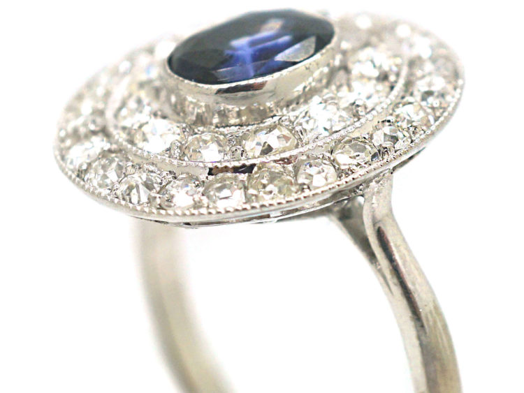 Art Deco Platinum Two Row Diamond & Sapphire Cluster Ring