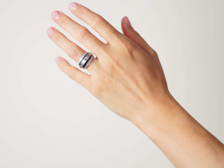Art Deco Iridium & Platinum, Sapphire & Diamond Five Row Ring