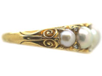 Victorian 18ct Gold, Natural Pearl & Rose Diamond Carved Half Hoop Ring