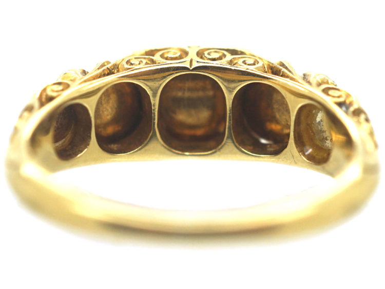 Victorian 18ct Gold, Natural Pearl & Rose Diamond Carved Half Hoop Ring
