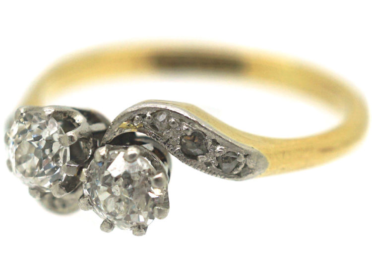 Edwardian 18ct Gold & Platinum, Two Stone Crossover Diamond Ring