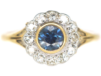 Edwardian 18ct Gold & Platinum, Sapphire & Diamond Cluster Ring
