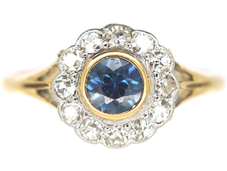 Edwardian 18ct Gold & Platinum, Sapphire & Diamond Cluster Ring