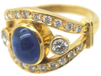 French 18ct Gold Cabochon Sapphire & Diamond Ring
