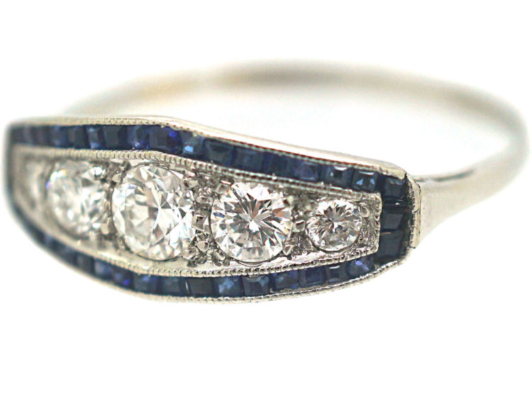 Art Deco Platinum, Sapphire & Diamond Boat Shaped Ring