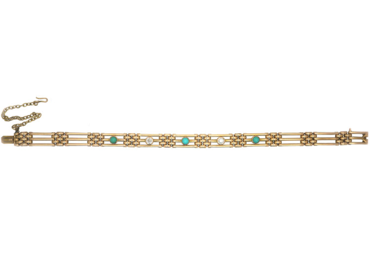 Edwardian 15ct Gold Turquoise & Diamond Gate Bracelet
