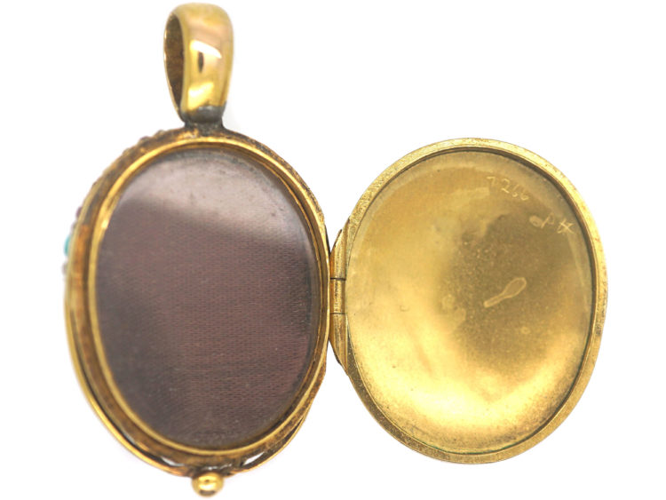 Victorian 18ct Gold Ruby, Natural Split Pearl, Rose Diamond & Turquoise Pendant with Hinged Locket on the Reverse
