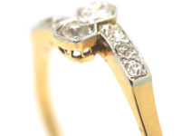Art Deco 18ct Gold & Platinum Two Stone Diamond Crossover Ring with Diamond Set Shoulders
