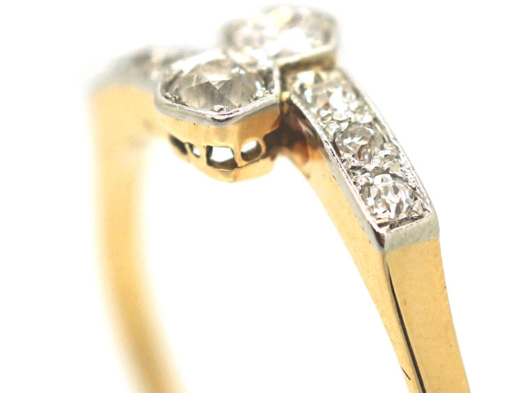 Art Deco 18ct Gold & Platinum Two Stone Diamond Crossover Ring with Diamond Set Shoulders