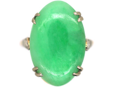 Art Deco 18ct Gold & Platinum Jade Ring with Diamond Set Shoulders