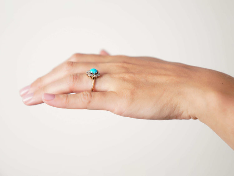 Edwardian 18ct Gold Turquoise & Diamond Cluster Ring