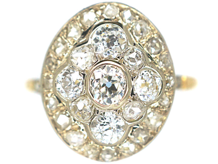 Edwardian 18ct Gold Oval Old Mine Cut & Rose Cut Diamond Cluster Ring