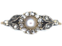 Edwardian 14ct Gold Rose Diamond & Natural Bouton Pearl Cluster Ring with Rose Diamond set Leaf Shoulders