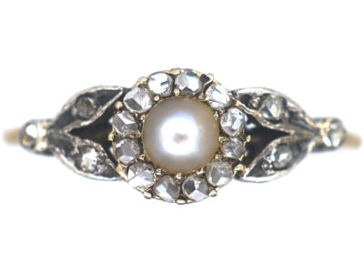 Edwardian 14ct Gold Rose Diamond & Natural Bouton Pearl Cluster Ring with Rose Diamond set Leaf Shoulders