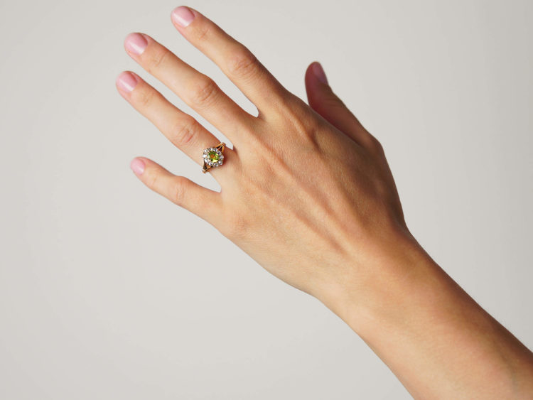 Edwardian 18ct Gold, Peridot & Diamond Oval Cluster Ring