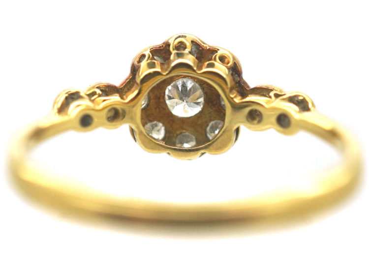 Edwardian 18ct Gold & Platinum Diamond Cluster Ring with Diamond Set Shoulders