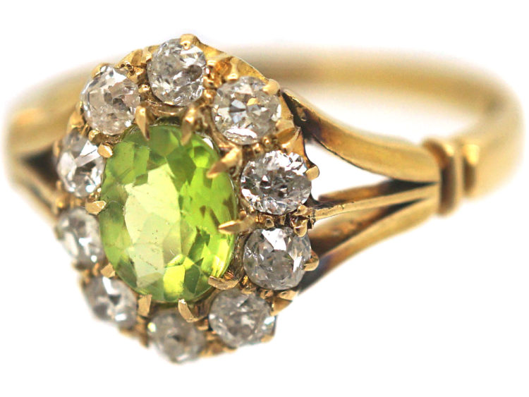 Edwardian 18ct Gold, Peridot & Diamond Oval Cluster Ring