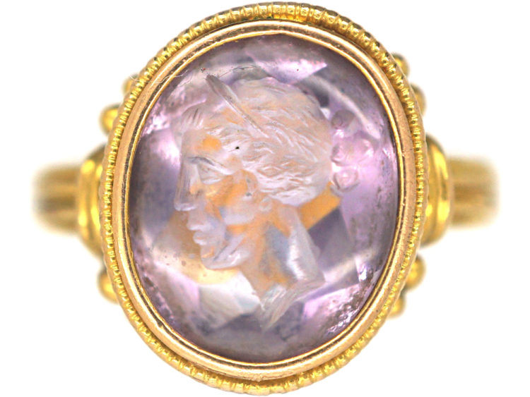 Victorian 18ct Gold & Amethyst Intaglio Ring of a Grecian Lady's Head